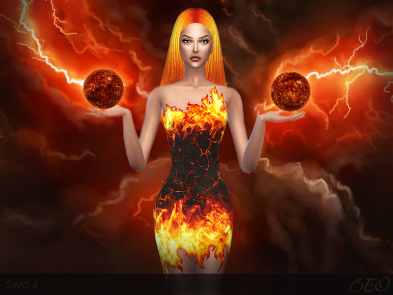 The fire dress front look worn by a sim. 